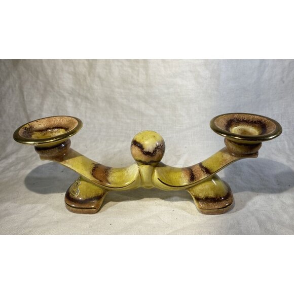 VTG Bay Keramik Art Pottery Double 2 Arm Candlestick Candelabra Yellow Brown - Picture 2 of 9